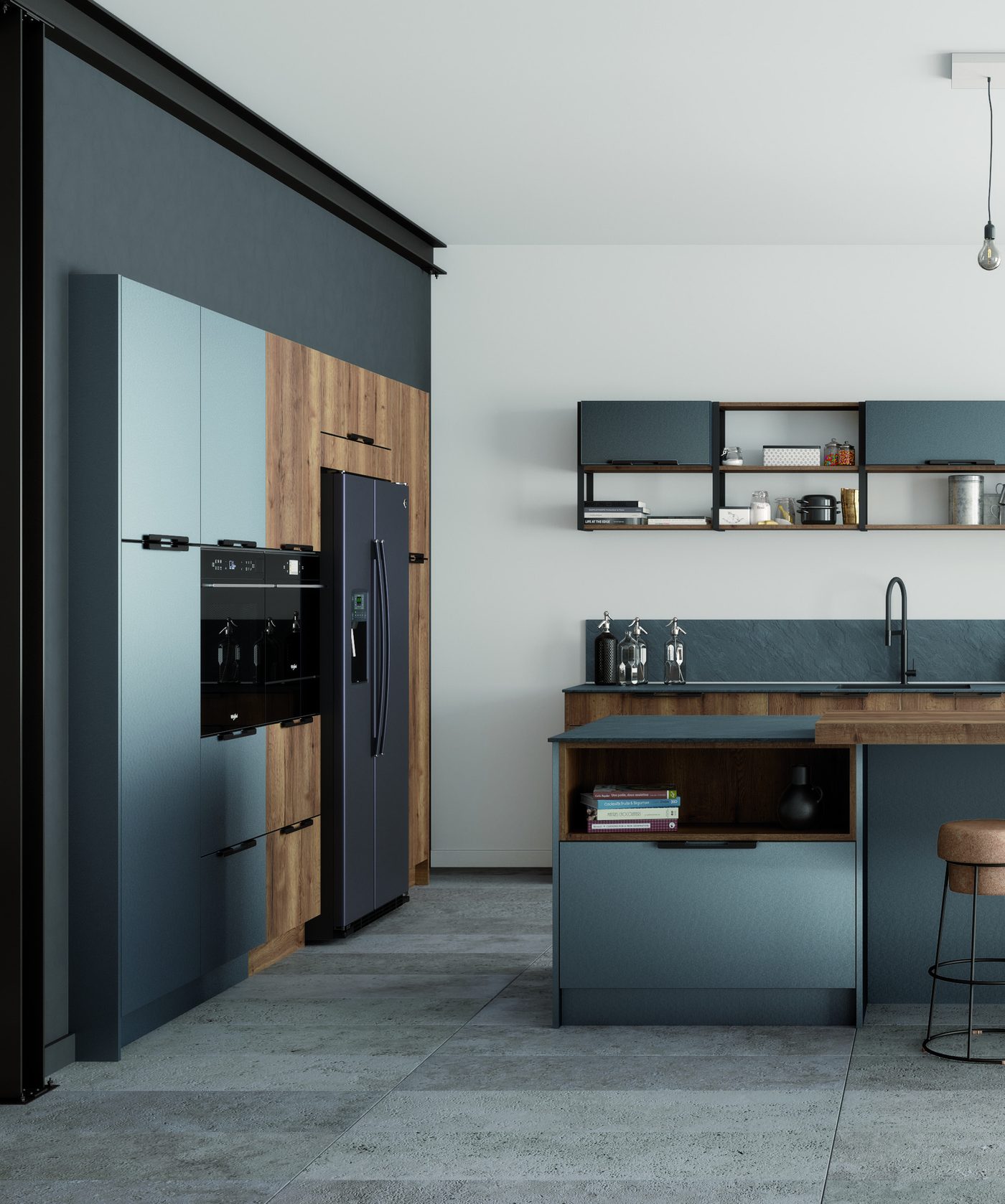Cuisine Atoll décor Acier carbone brossé dans un loft