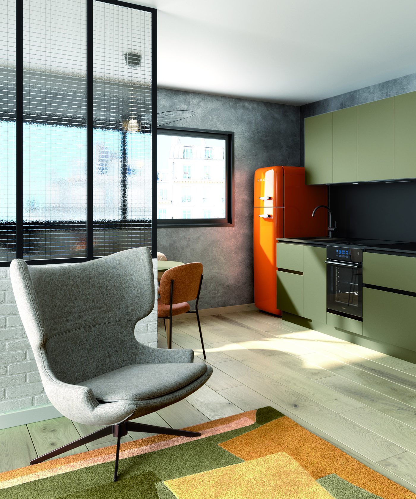 Cuisine Oasis coloris Olive mat avec verrière et plan Fenix noir
