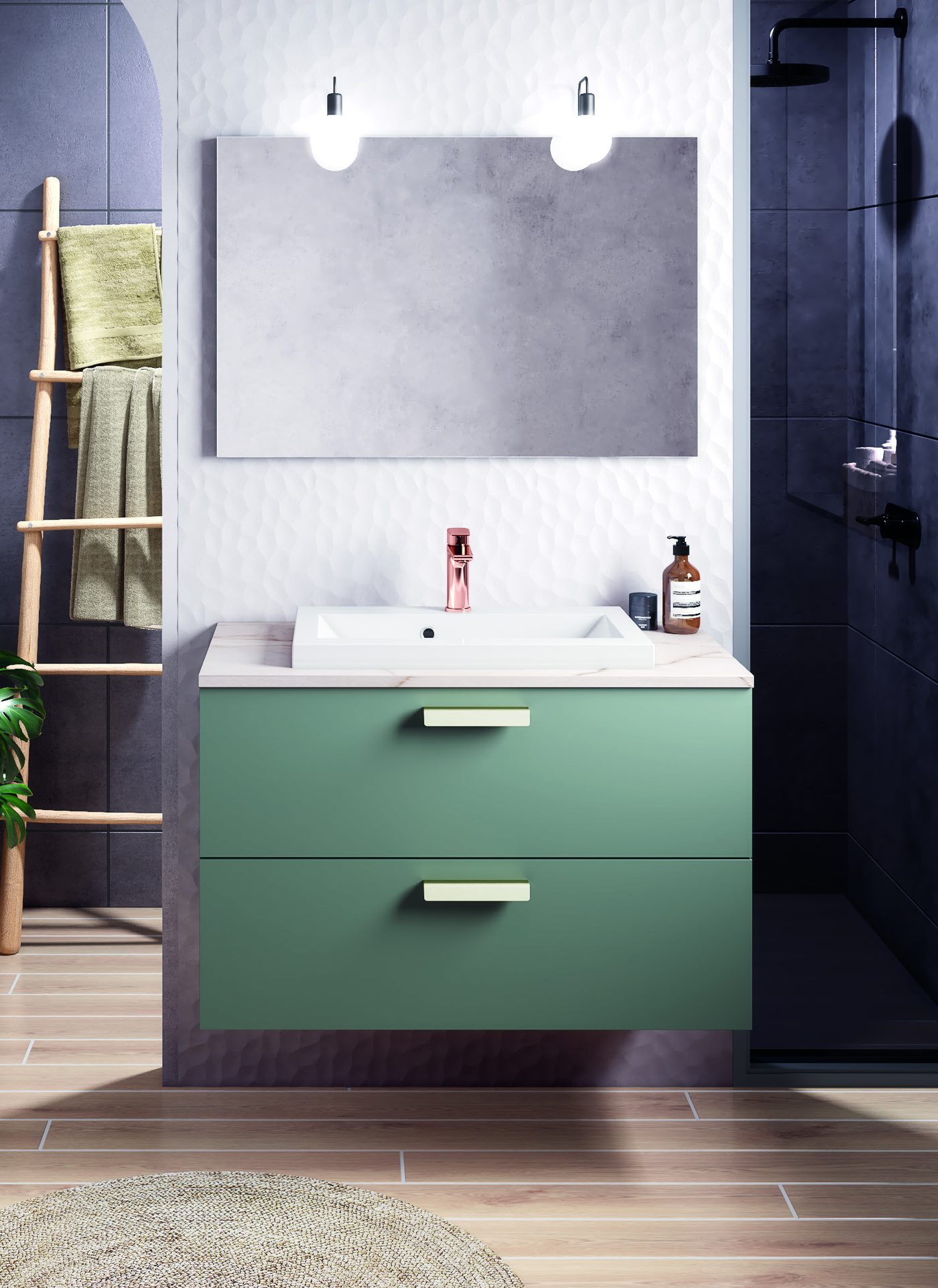 Salle de bains Idao en Fenix Vert Eucalyptus, poignées or brossé