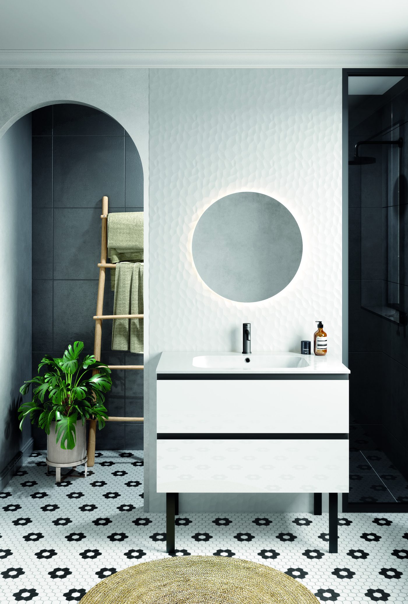 Salle de bains Verrie laquée blanc brillant, miroir rond